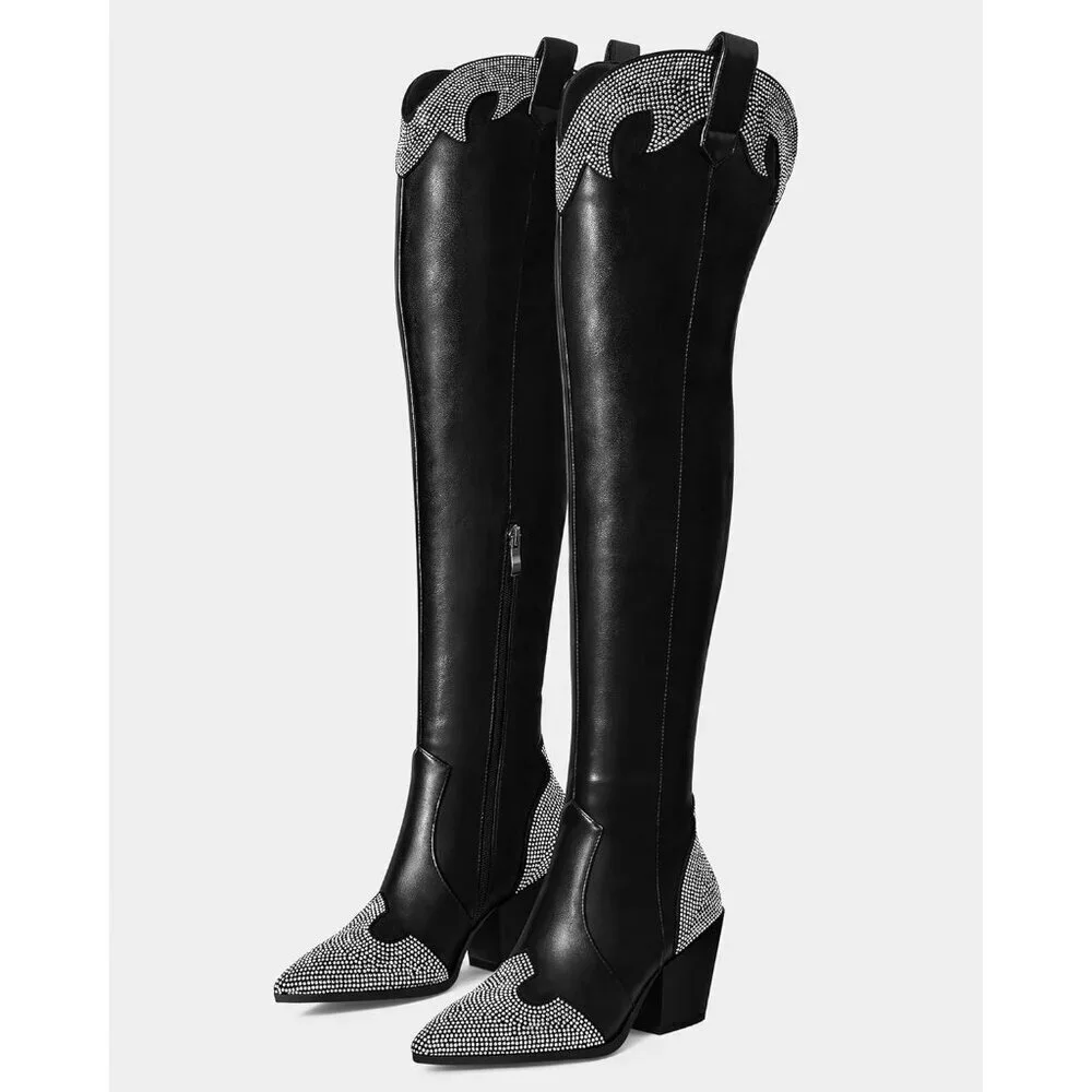 Women Black - Pu Polyurethane (PU)Black Thigh High Pointed Toe Chunky Heel Boots